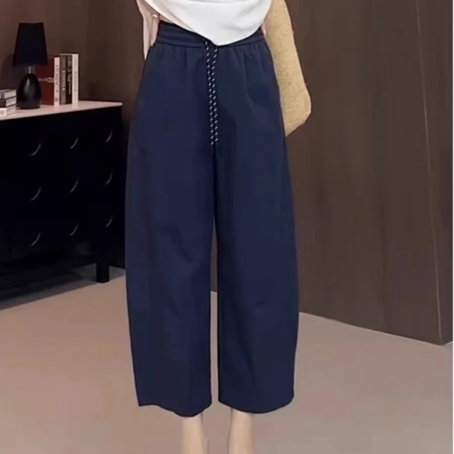 高腰哈伦休闲裤女夏季薄款梨形身材小个子松紧腰宽松显瘦萝卜裤子