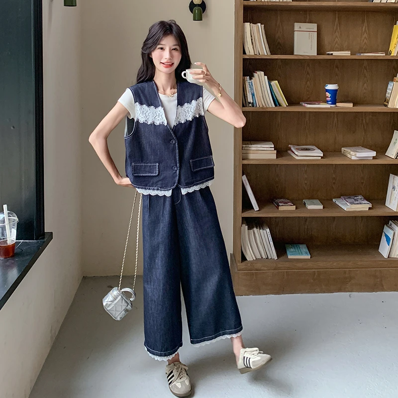 牛仔套装女2025年夏季新款复古港风时尚宽松t恤马甲阔腿裤三件套