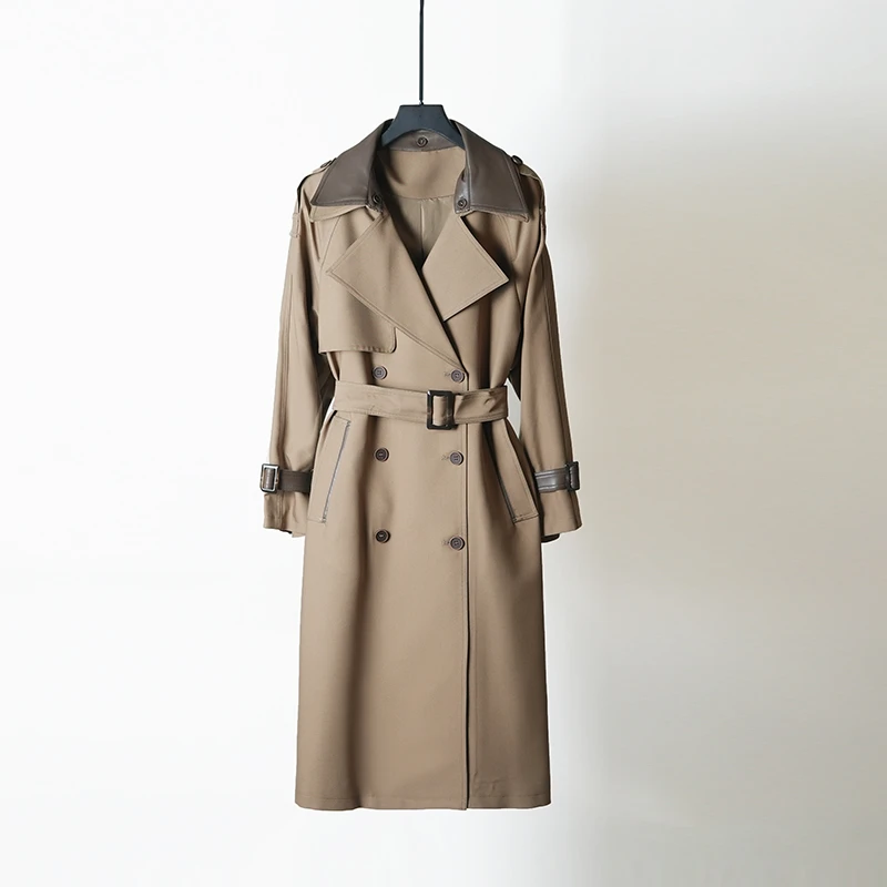 时尚气质款拼皮风衣显瘦收腰中长款过膝风衣