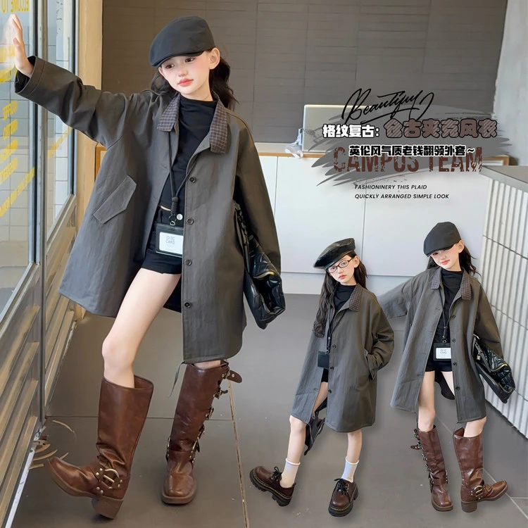 女童2025秋季新款韩系中长款风衣中大童春秋挡风翻领外套外出衣服