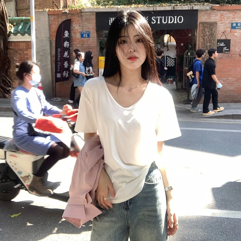 白色短袖T恤女夏季2025韩版新款纯色大V领宽松慵懒感辣妹上衣