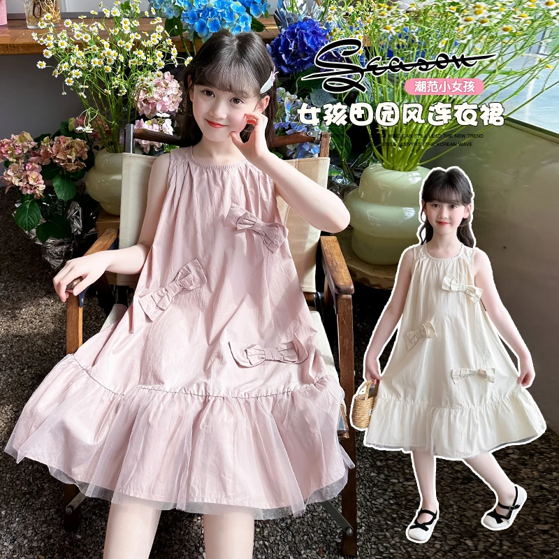 女童蝴蝶结纯棉连衣裙2025春夏新款韩版公主鱼尾洋气网纱裙子文艺