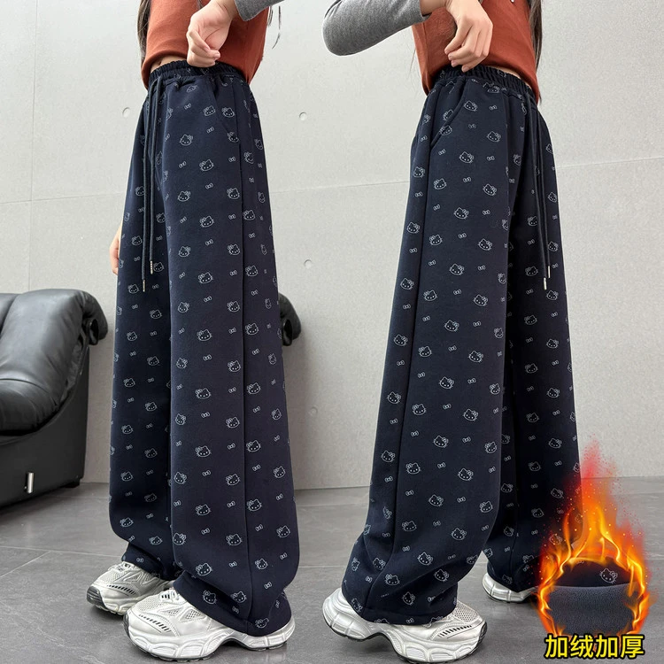 女童加绒裤子秋冬装女大童韩系穿搭阔腿裤女孩运动裤初中生休闲裤