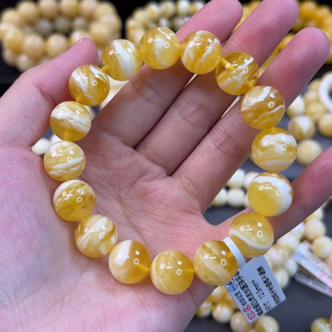 手串蜜蜡未镶嵌12.5mm金瓷白虎皮