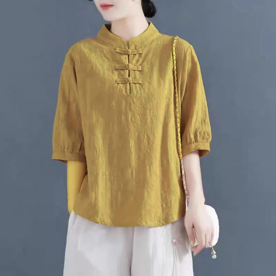 棉麻中袖衬衫中式立领上衣T恤休闲夏季复古宽松文艺中国风大码女