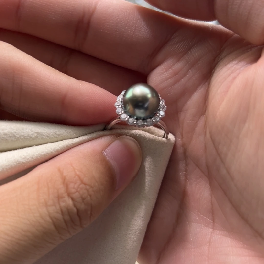 银S925镶嵌戒指海水珍珠10.5mm正圆大溪地孔雀绿戒指