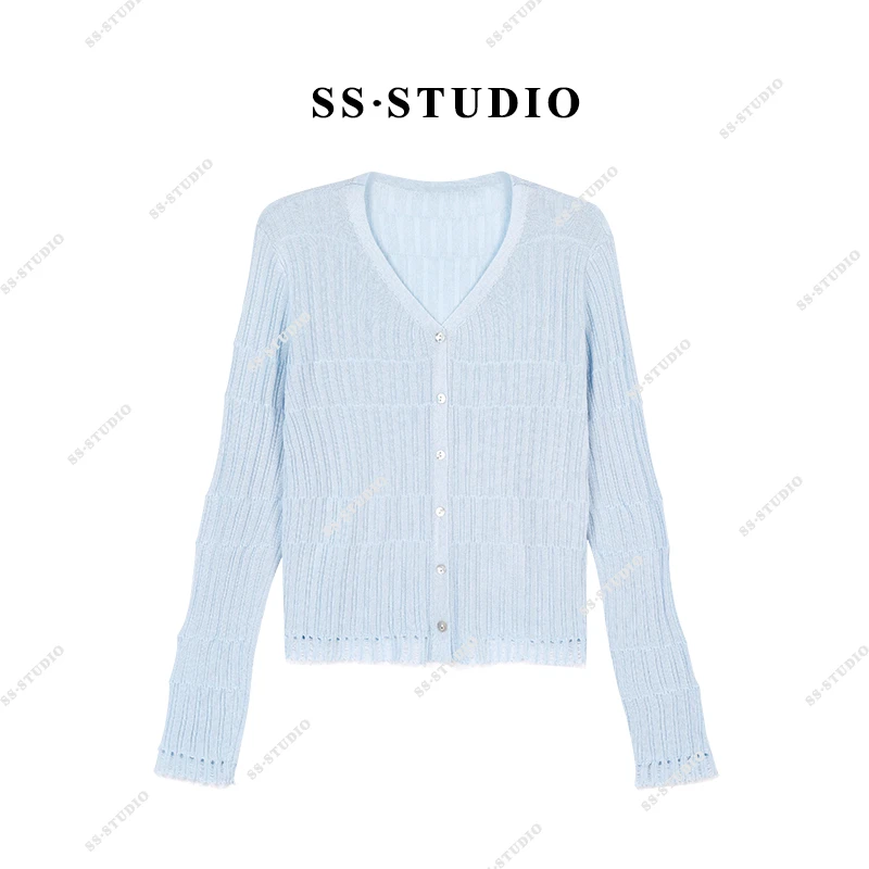 【SUSU】气质V领长袖竖坑条纹时尚百搭薄款针织开衫上衣SS-5026