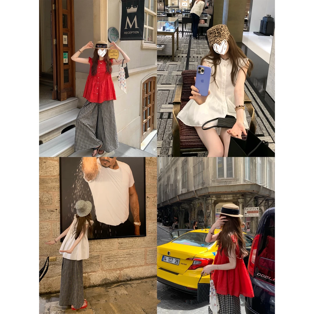 【佛罗伦萨调色板】两色小飞袖上衣蕾丝花边下摆T恤+百搭慵懒格子裤