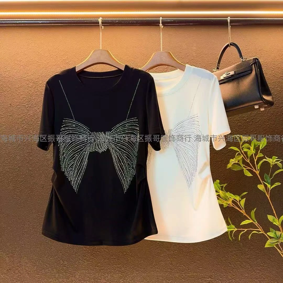 新款2025夏季大码重工蝴蝶结百搭时尚显瘦短袖/3362