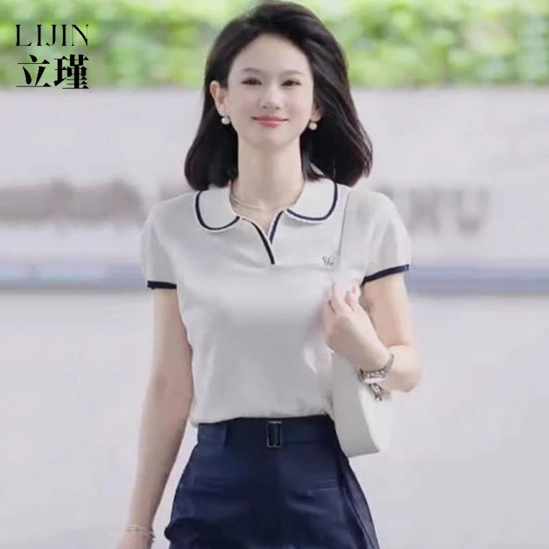 设计感撞色polo领短袖t恤女夏季2025新款超好看气质女款圆领t恤