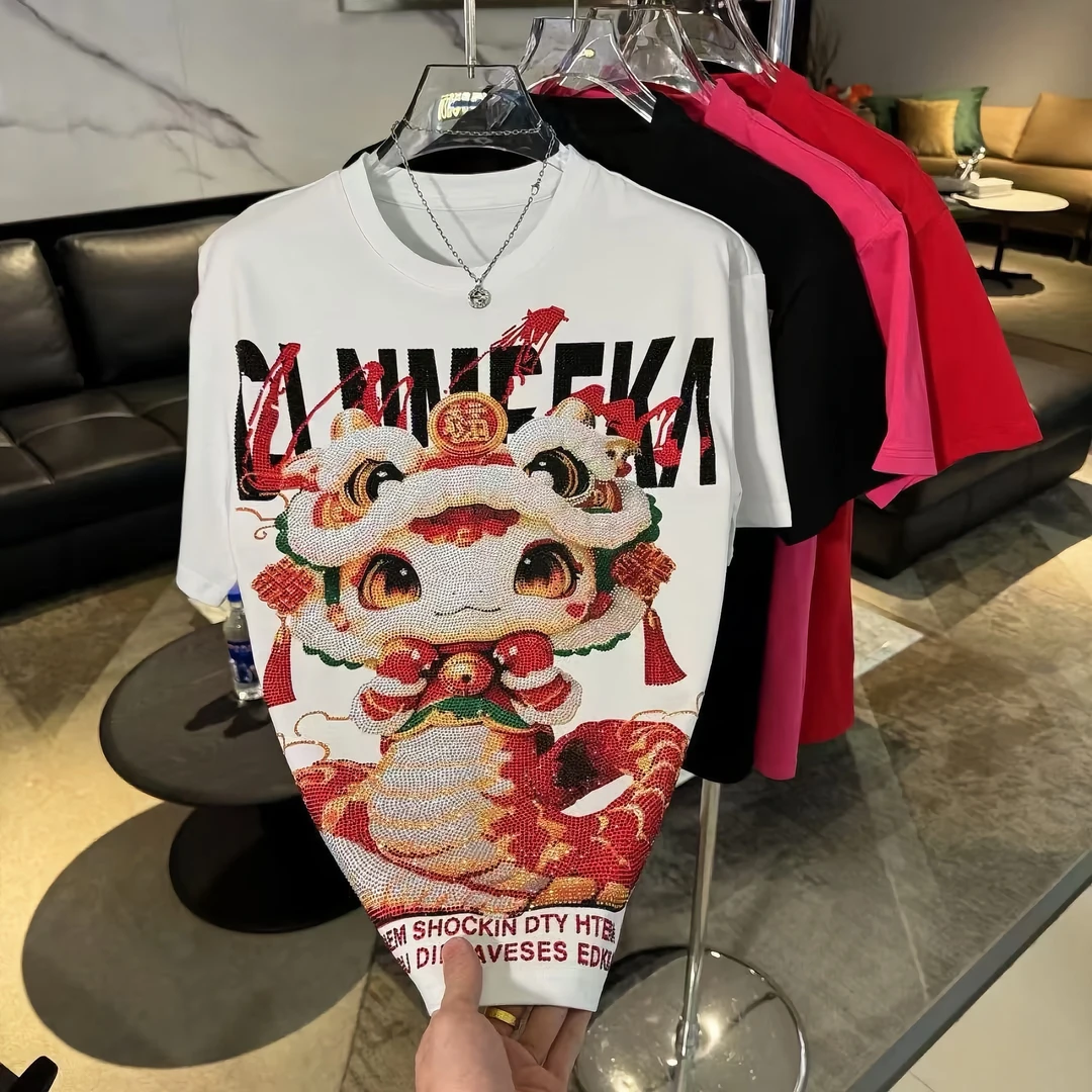 2025新款本命年货烫钻宽松圆领短袖T恤打底男士春秋百搭休闲潮衣