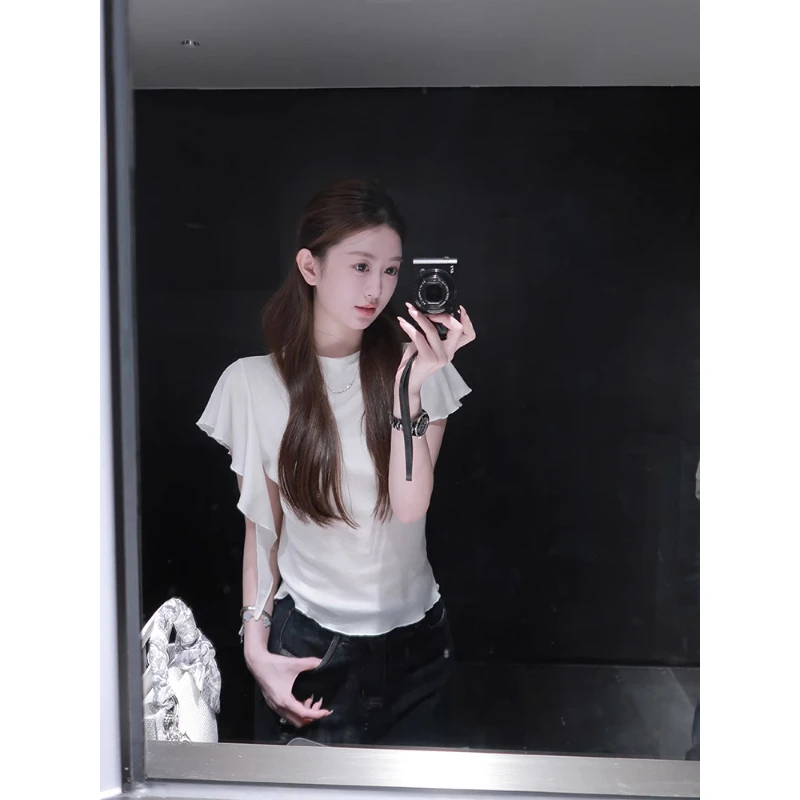 不规则荷叶边飘带半高圆领白色T恤女夏季韩系显瘦小众不撞款上衣