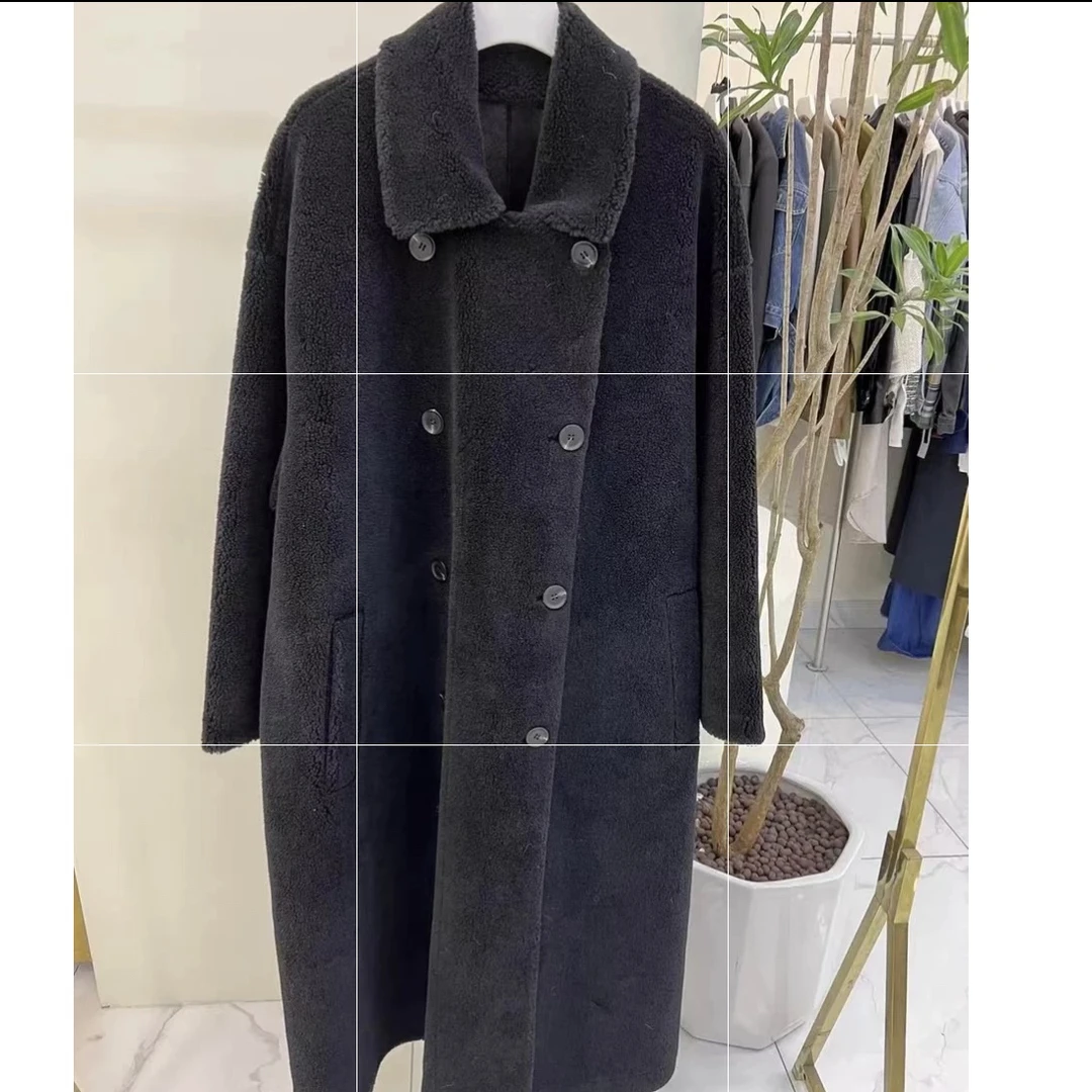 【轻奢】欧货冬新款小众百搭翻领双排口颗粒绒羊毛皮毛一体长款外套