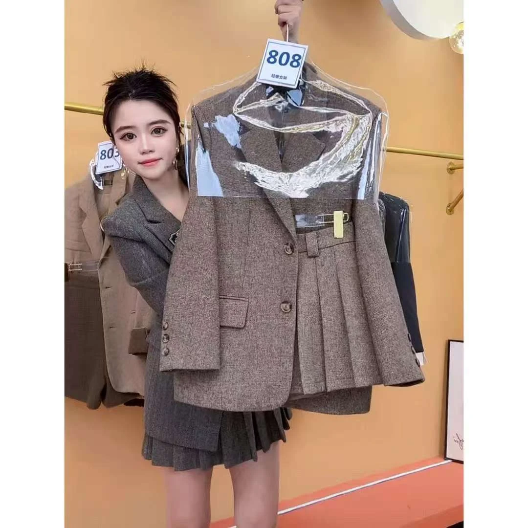 呢子西装外套新款宽松冬季高级时尚韩版两件套百褶裙人字纹套装