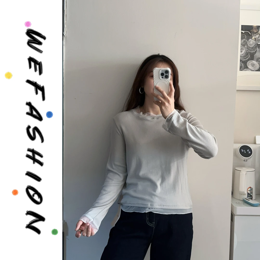 【WE】法式气质蕾丝花边拼接圆领长袖T恤 -0270