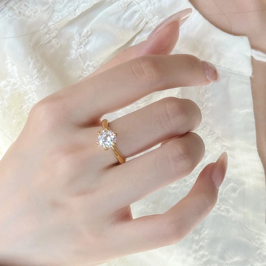 足金经典六爪镶嵌戒指5D 黄金精致圈戒指百搭简约