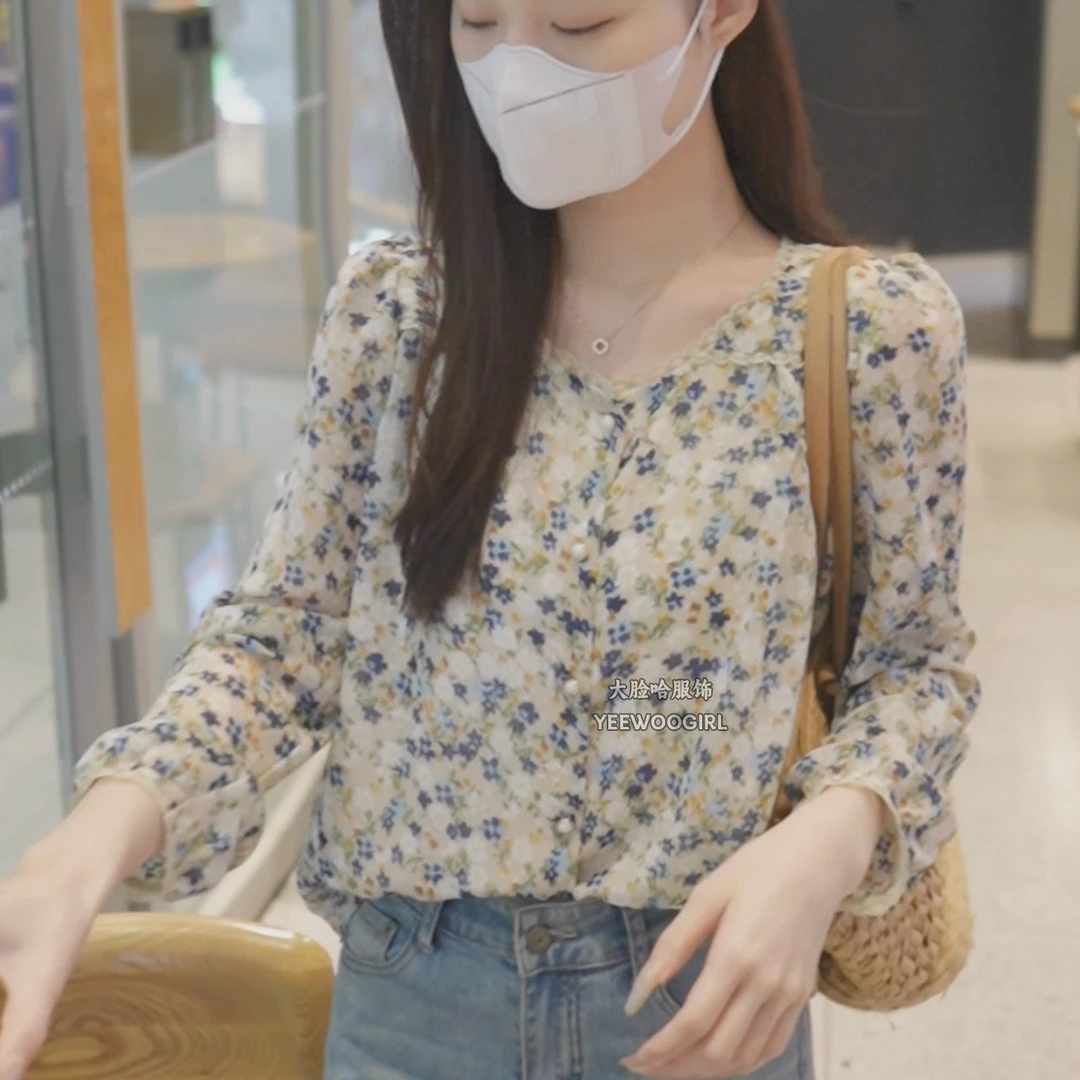 【大脸哈】法式百搭碎花衬衫女2025新款甜美圆领设计感宽松上衣
