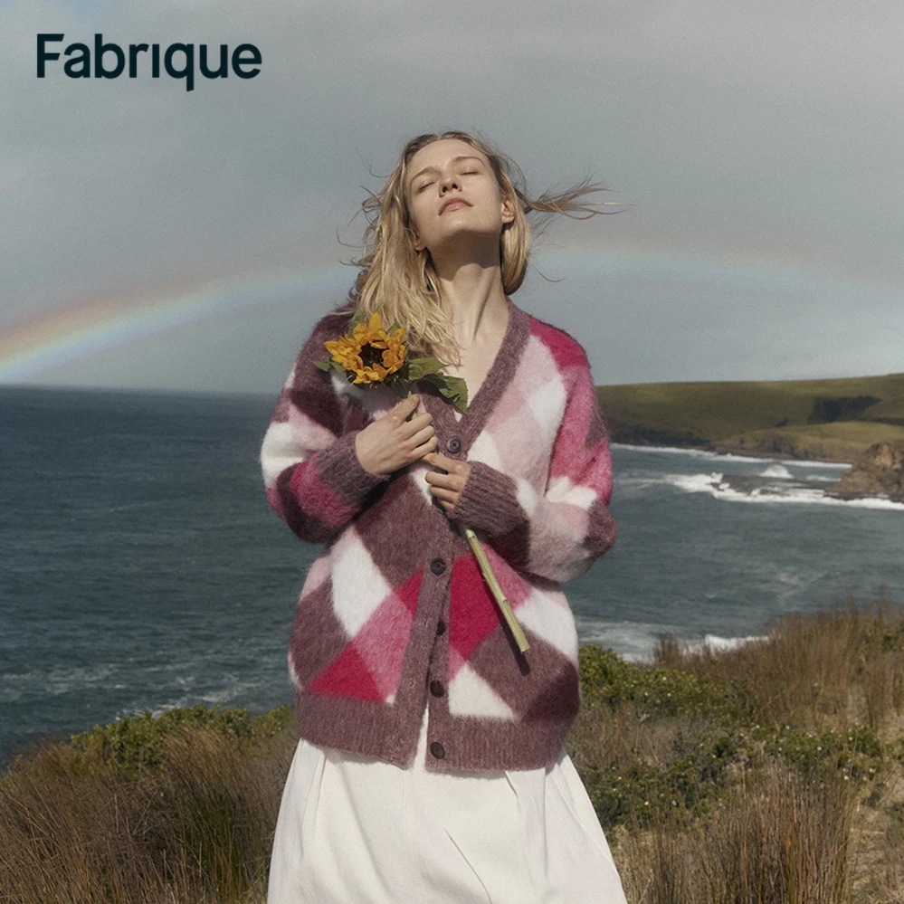 【Fabrique】Solstice 秋冬新品不规则格纹绵羊毛羊驼毛V领针织开衫