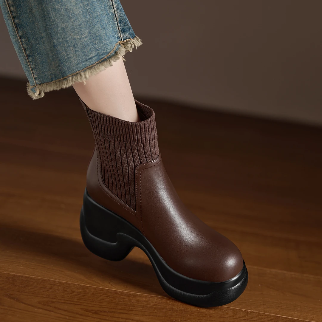 小个子手工女鞋7cm~小众厚底坡跟马丁靴毛线短筒瘦瘦弹力袜靴棕色