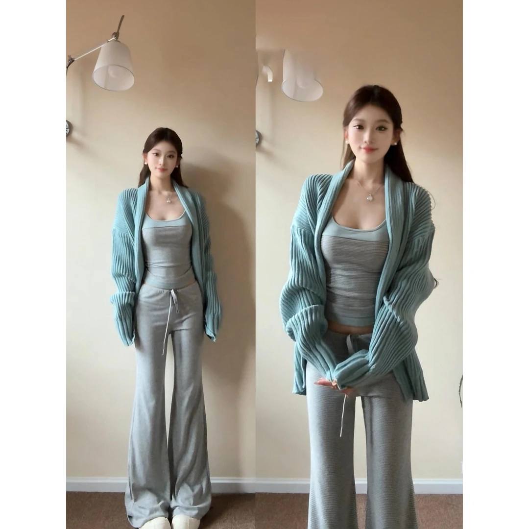 MARIE.COCO纯欲风毛针织开衫秋冬显瘦吊带打底百搭喇叭休闲裤套装