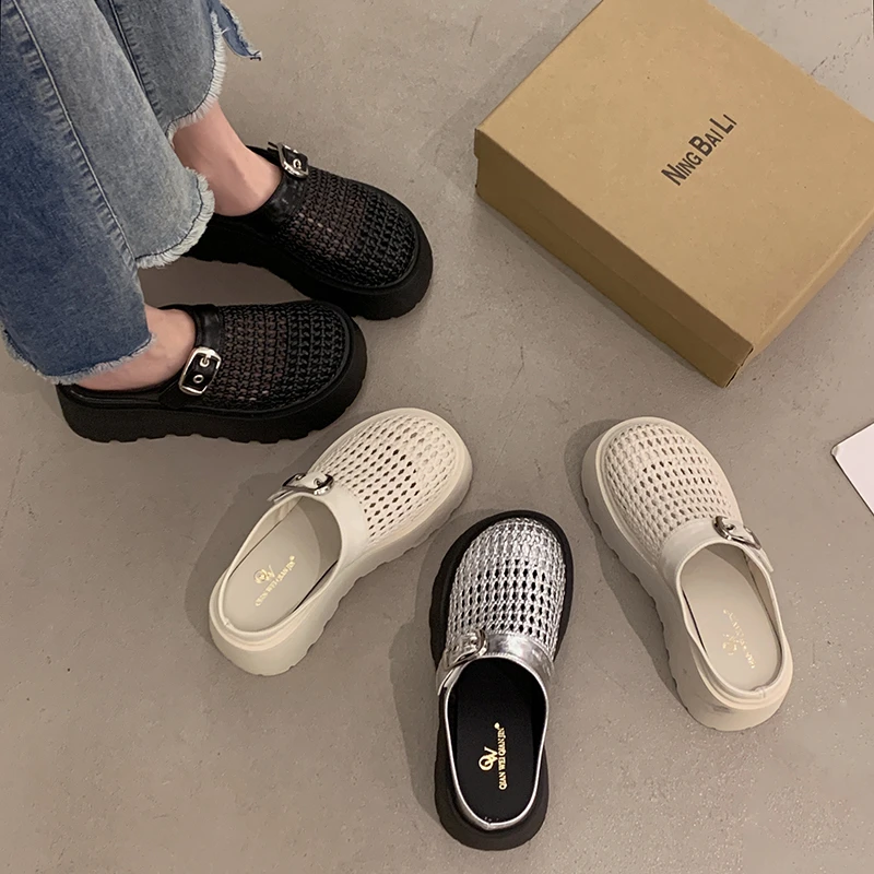 贾不假包头拖女外穿2025夏季新款复古百搭小个子厚底增高半拖鞋夏