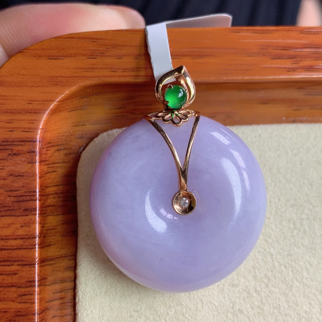 天然缅甸A货翡翠18k金镶浓紫罗兰平安扣吊坠j卡34.2/27.4/11.8mm