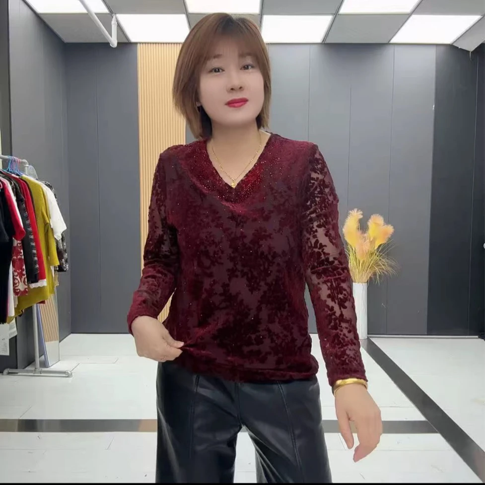 蕾丝长袖修身显瘦洋气百搭秋打底衫妈妈装气质网红时尚春季-3244