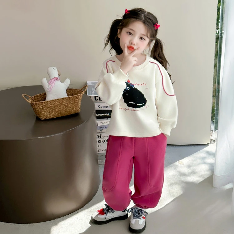 女童秋套装2025新款卡通印花猫咪儿童圆领卫衣秋季女小童早秋衣服