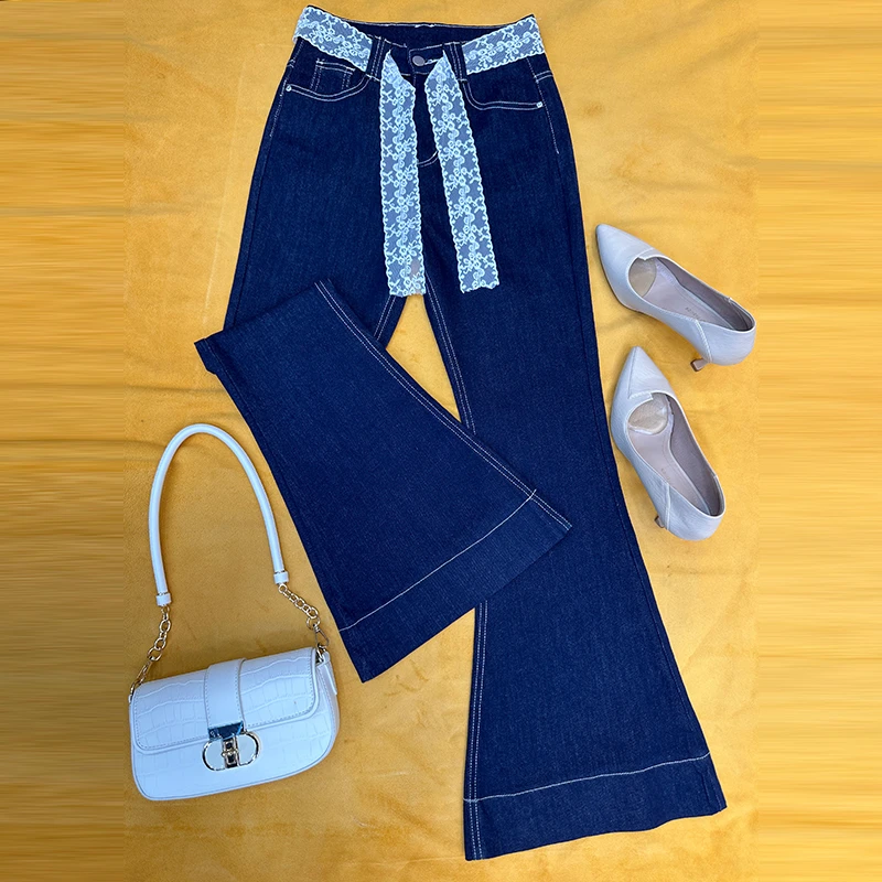 丹宁蓝高腰微喇牛仔裤女2025春季宽松遮肉小个子阔腿马蹄喇叭裤子