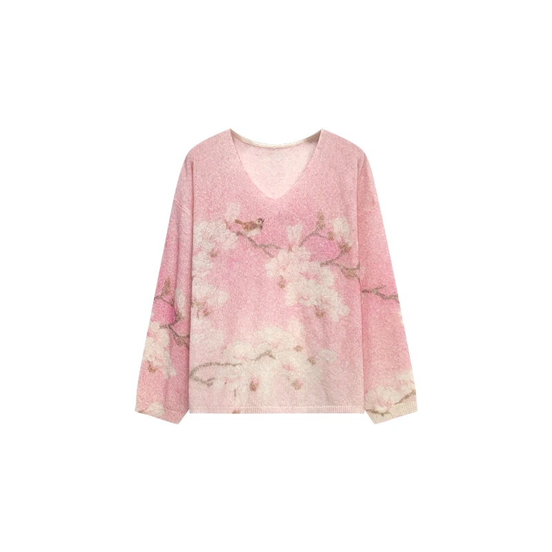 【橙庐】112422艺术家万芾联名玉兰花羊绒羊毛莱赛尔小V领针织衫