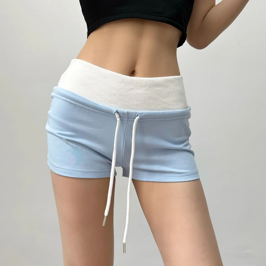 美式学院风拼色松紧低腰系带修身短裤棉质舒服百搭家居休闲热裤潮