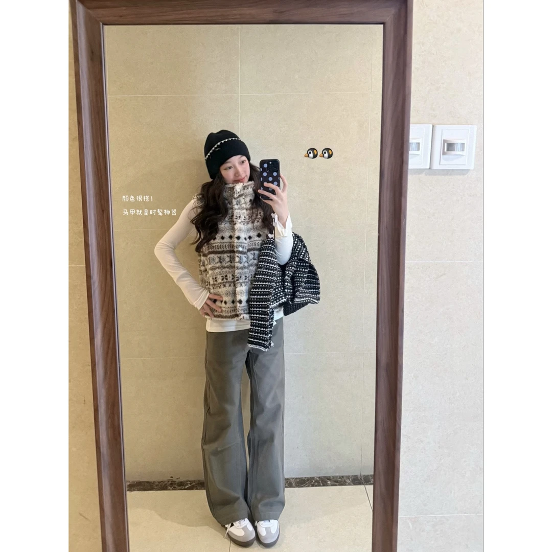 秋冬费尔岛条纹设计感羊羔毛马甲女叠穿保暖坎肩无袖背心外套马夹
