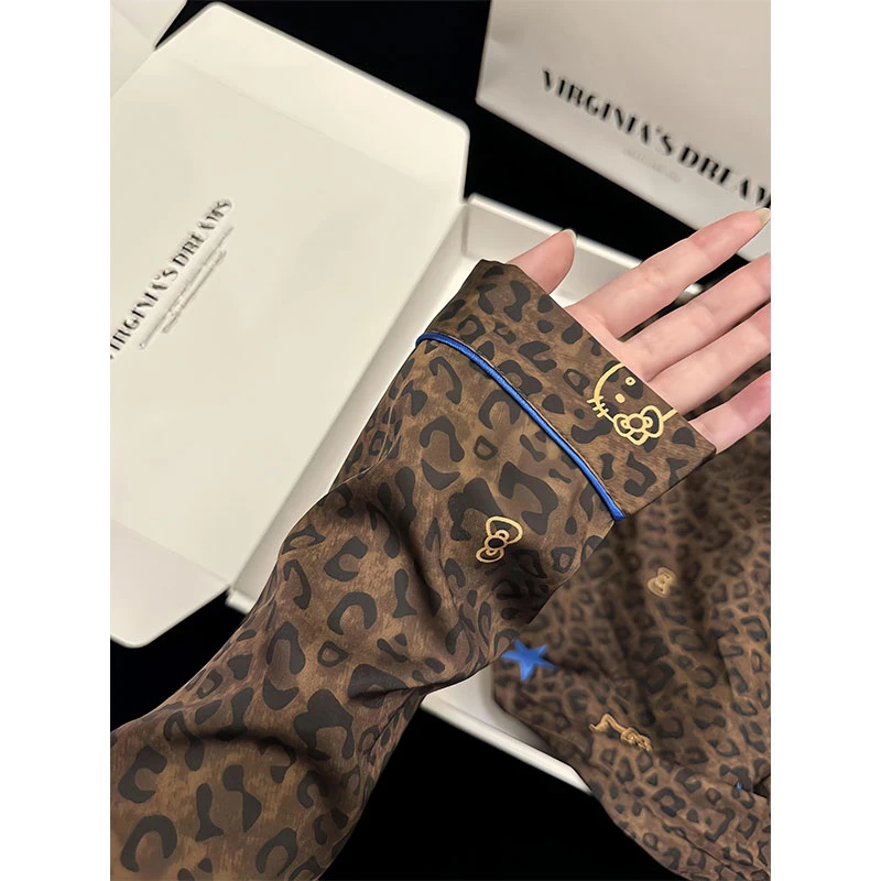 法式轻奢星星豹纹Kitty冰丝睡衣女秋季长袖长裤可外穿家居服套装