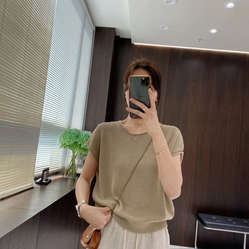 IMFLY金小金自制女装 针织短袖DYW9121简约慵懒卷边圆领针织短袖