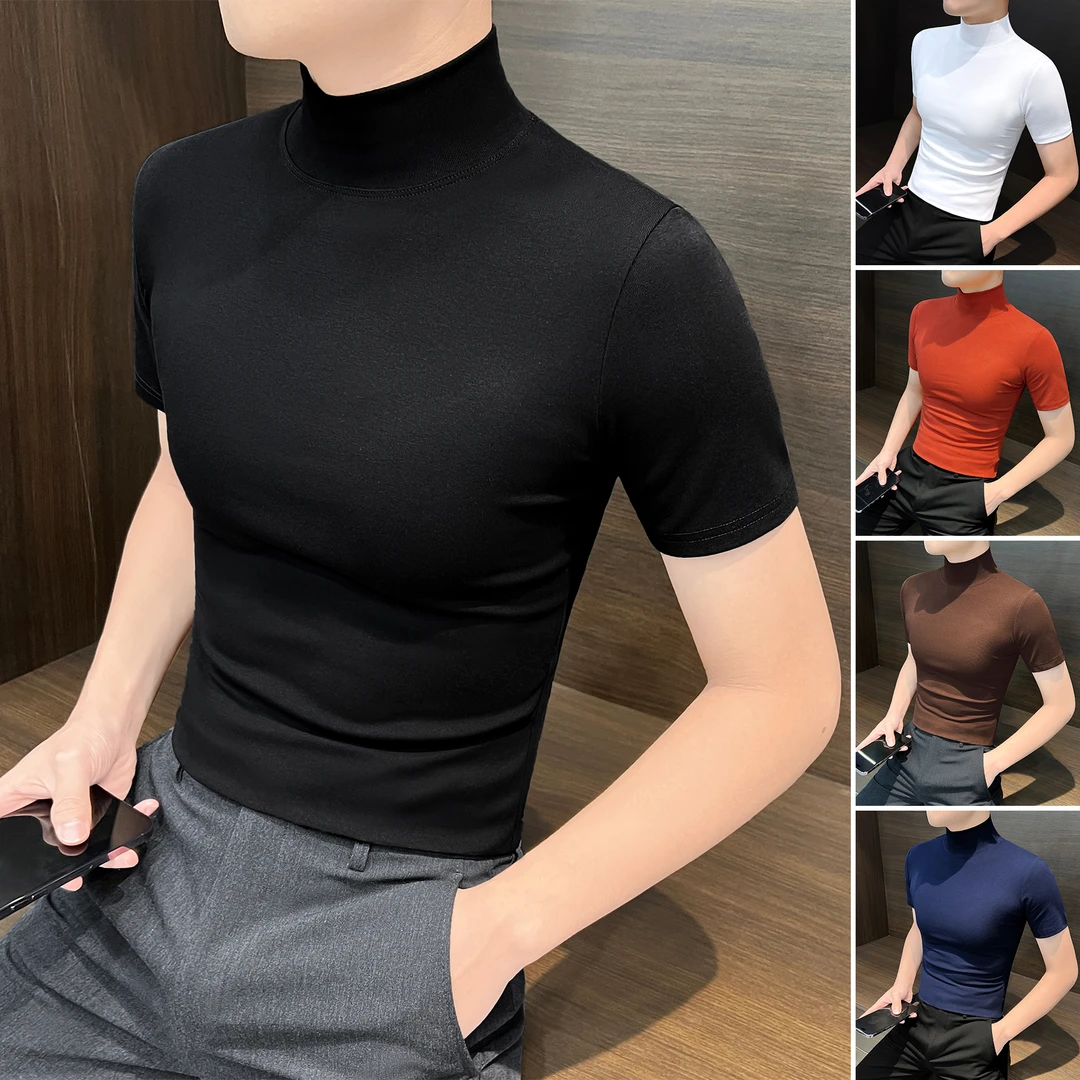 半高领短袖棉t恤男款2025秋季新款男装休闲风痞帅男士半袖打底衫