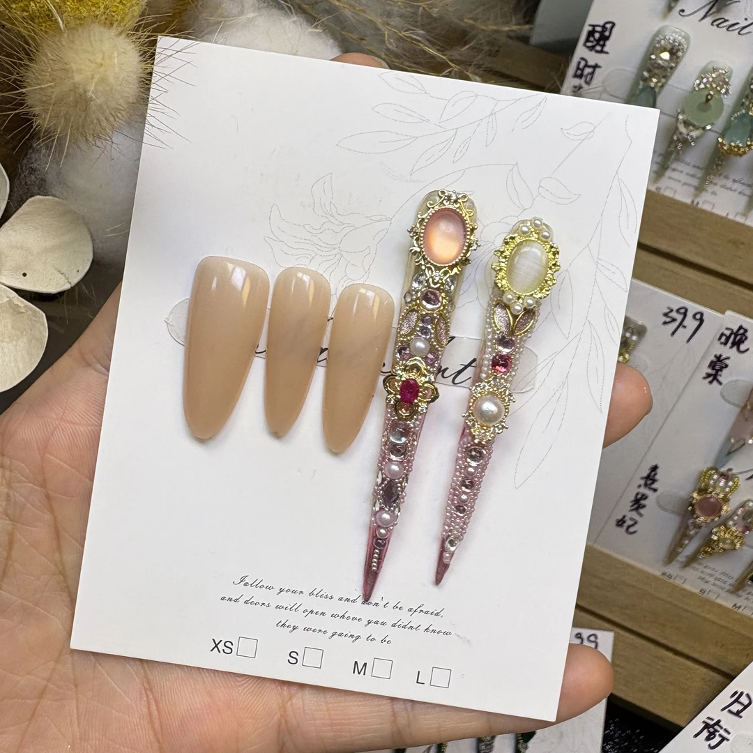 花样年华 宫廷贵妃加长嬛嬛护甲渐变高级粉手工穿戴甲满钻贵气