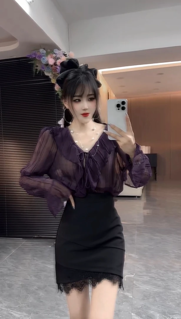 欧货法式甜美v领温柔系荷叶边系带微透衬衫纯色长袖防晒上衣小衫