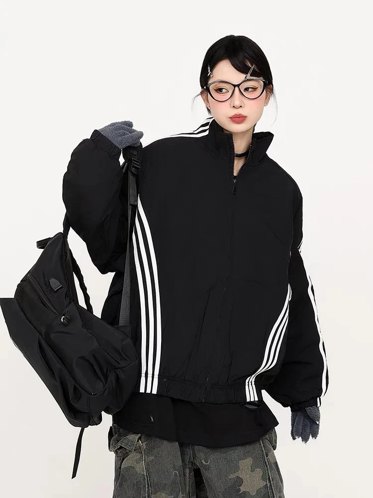织带条纹撞色夹克棉服ml61
