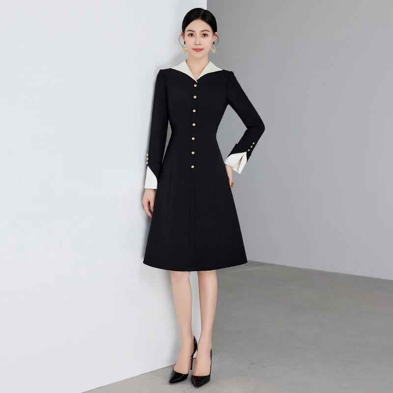 Anan早春法式黑白拼接V领长袖连衣裙显瘦气质收腰时尚A裙优雅名媛