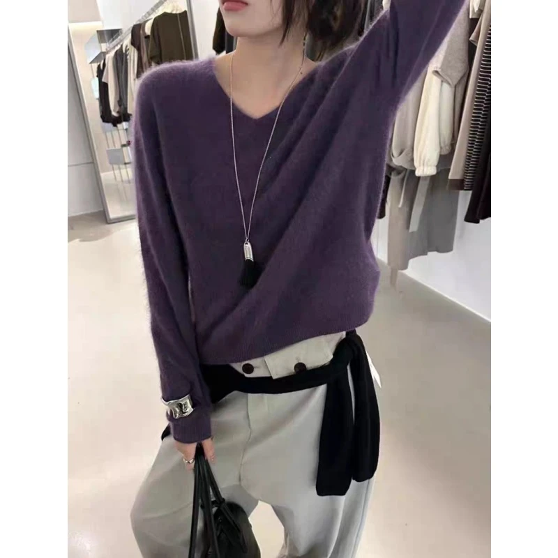 V领基础纯色神仙紫色针织加厚宽松慵懒韩版针织衫套头毛衣女