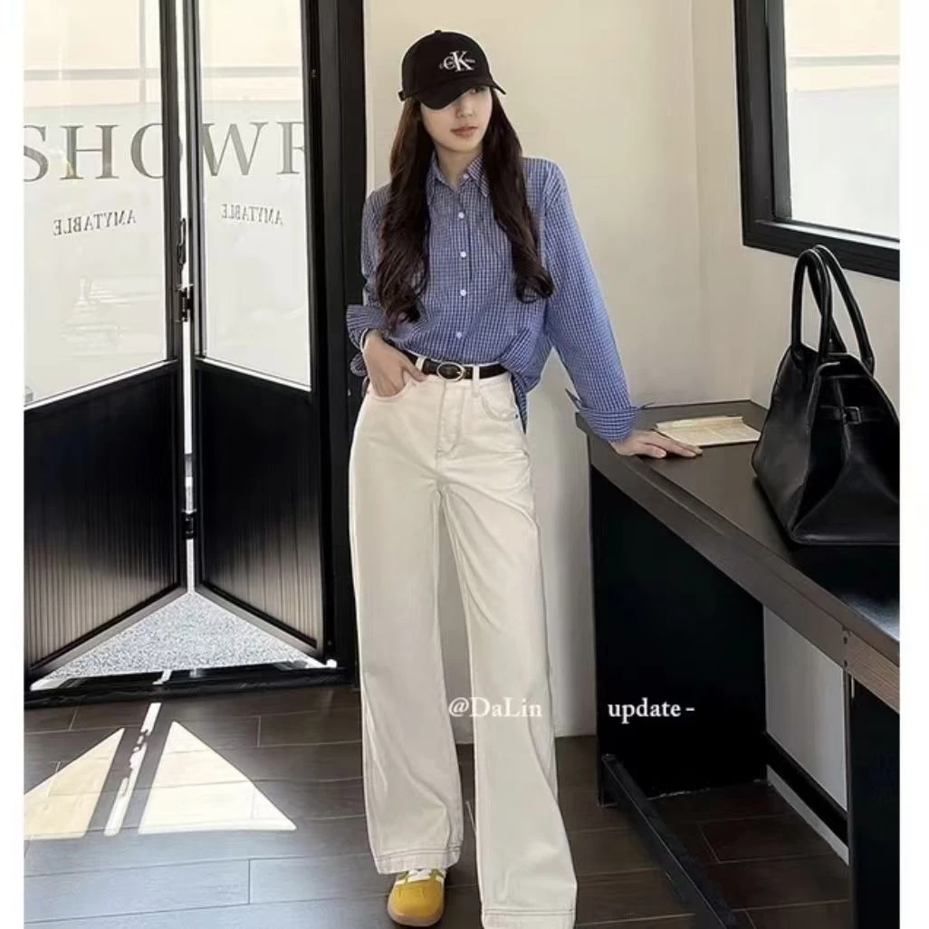 【运费险+现货】2025秋季新款米杏色牛仔裤女高腰显瘦窄版直筒裤