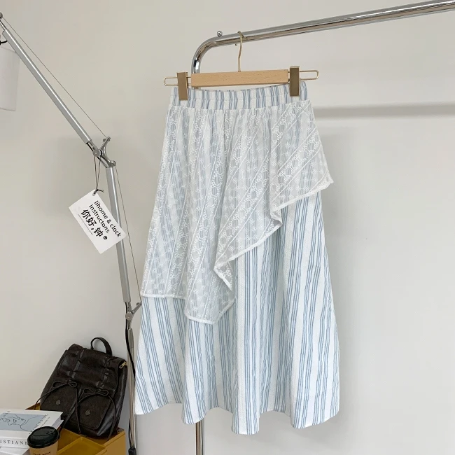 韩版蕾丝蓝色条纹半身裙女夏季2025新款小个子松紧高腰A字长裙子