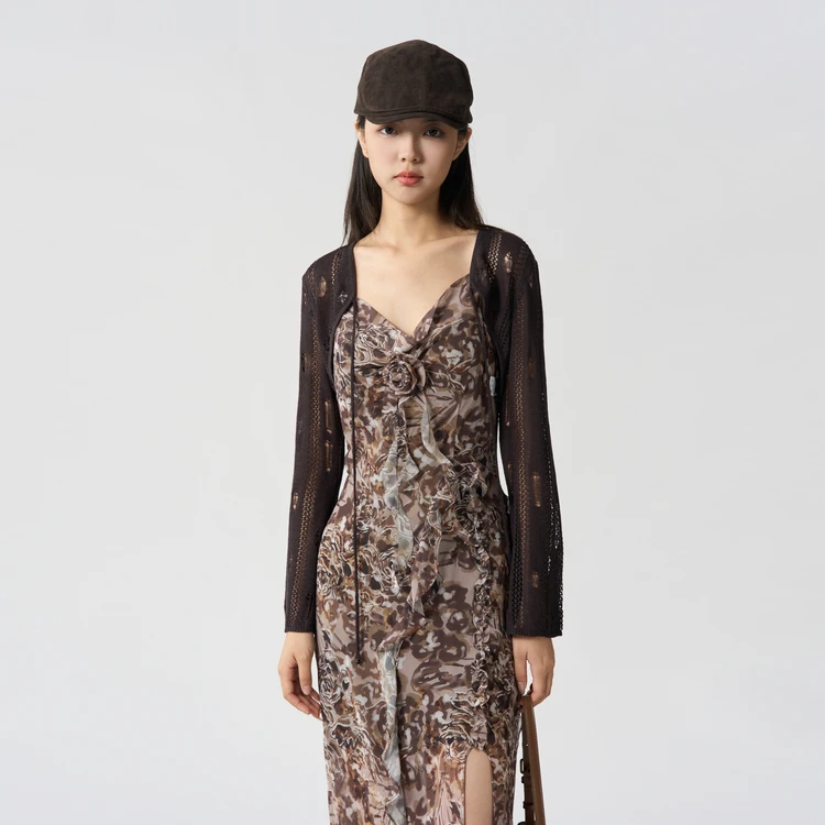 西町村屋复古波嬉风镂空开衫女夏季新款百搭长袖针织衫XAAB10768