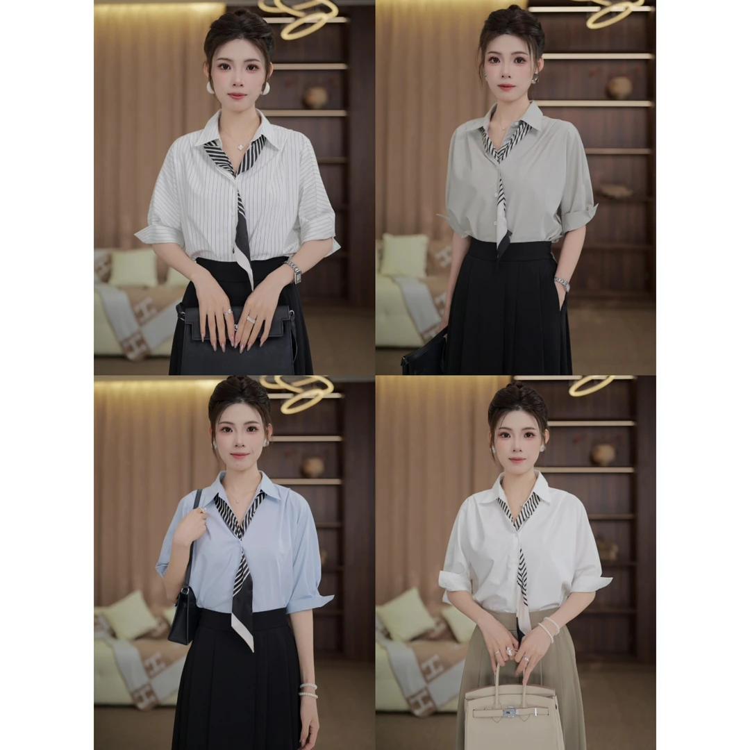 TITI定制【典雅之礼】轻奢气质条纹短袖衬衫宽松显瘦上衣TZ1717434
