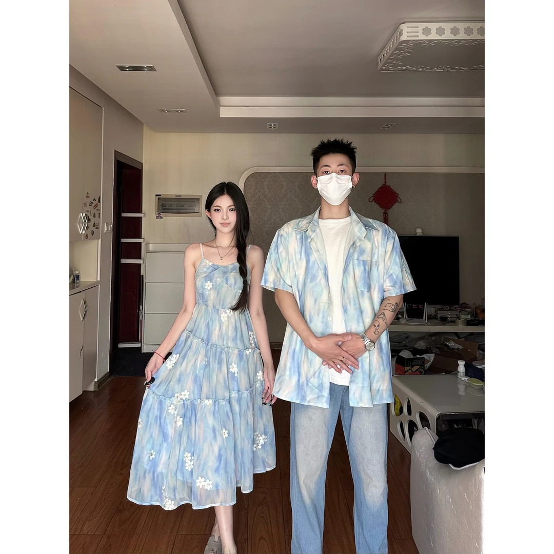 情侣装2025新款夏季度假风一裙一衣小众法式复古气质连衣裙男衬衣