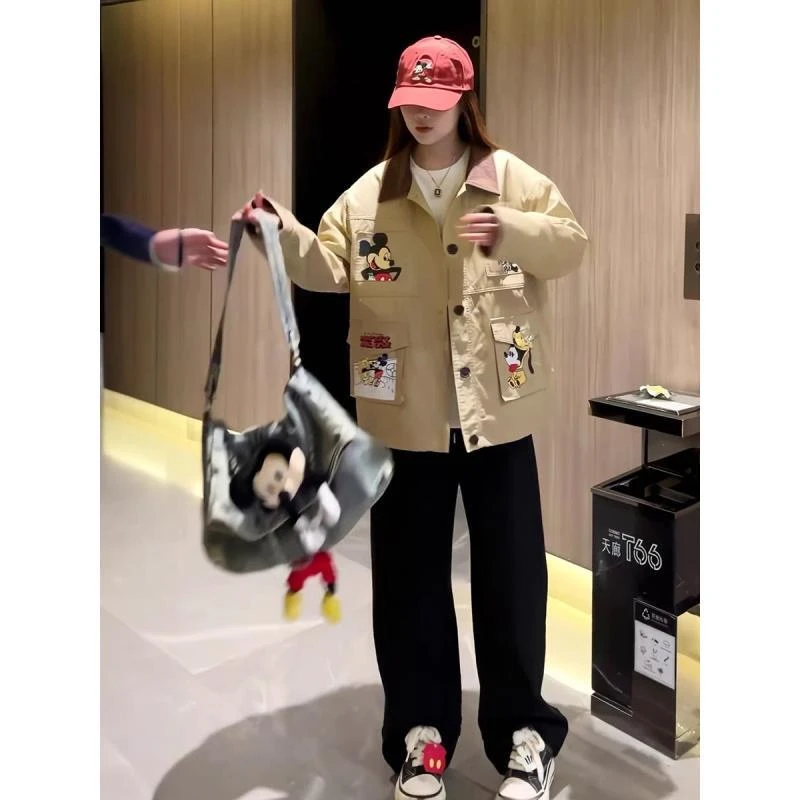 QY-韩版女装25春季新款印花工装风翻领拼接女风衣外套YD-2516