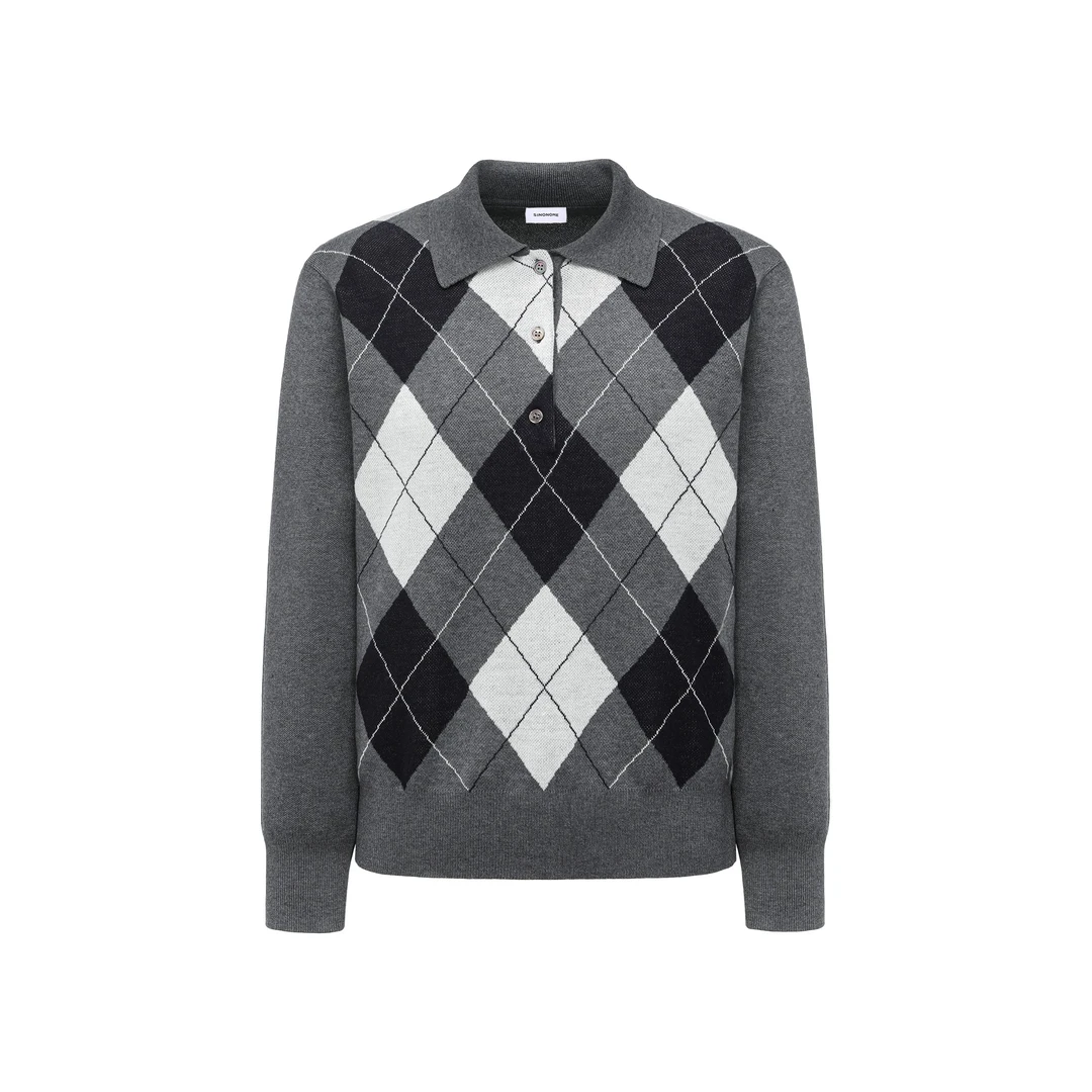SINONOME 25fw 丝光羊毛混纺菱形格复古Polo长袖毛衣针织衫 miu系
