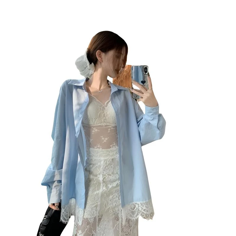 拼接白色百搭小众蕾丝开衫韩版上衣薄款立领衬衫洋气白色t恤短裙