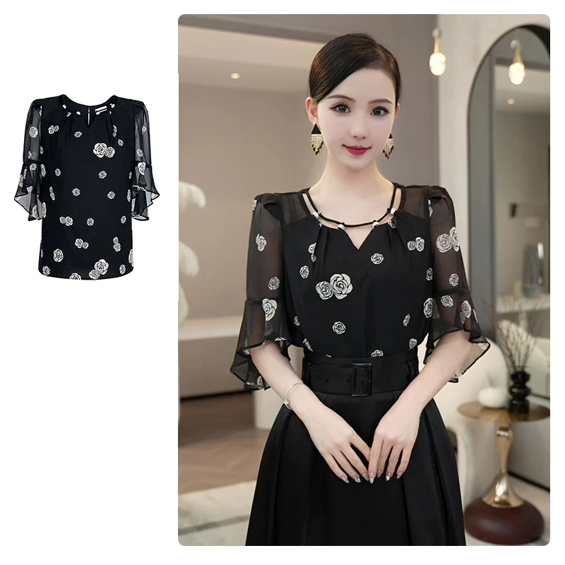 【有里布】2025夏季新款领口小心机设计花朵黑色上衣女D1672