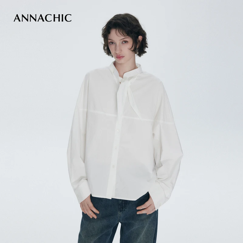 ANNACHIC时髦女作家_法式领结衬衫女/纯棉亲肤衬衣/宽松休闲上衣